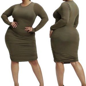 Good American Ruched Stretch Long Sleeve Bodycon Midi Dress in Fog Olive Green